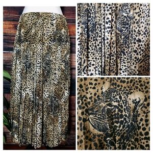Pleated Cheetah Midi Skirt Elastic Waist Size 10 Animal Print Cat Faces Vintage